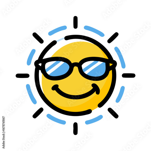 Cool Sun A charming cartoon illustration of a smiling sun wearing sunglasses, radiating joy and summer vibes for various design projects and creative purposes