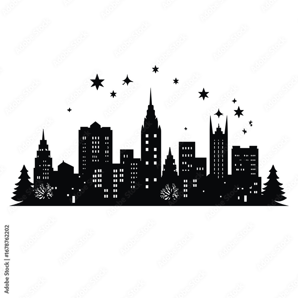 Fototapeta premium Black silhouette of a festive city skyline with stars and trees