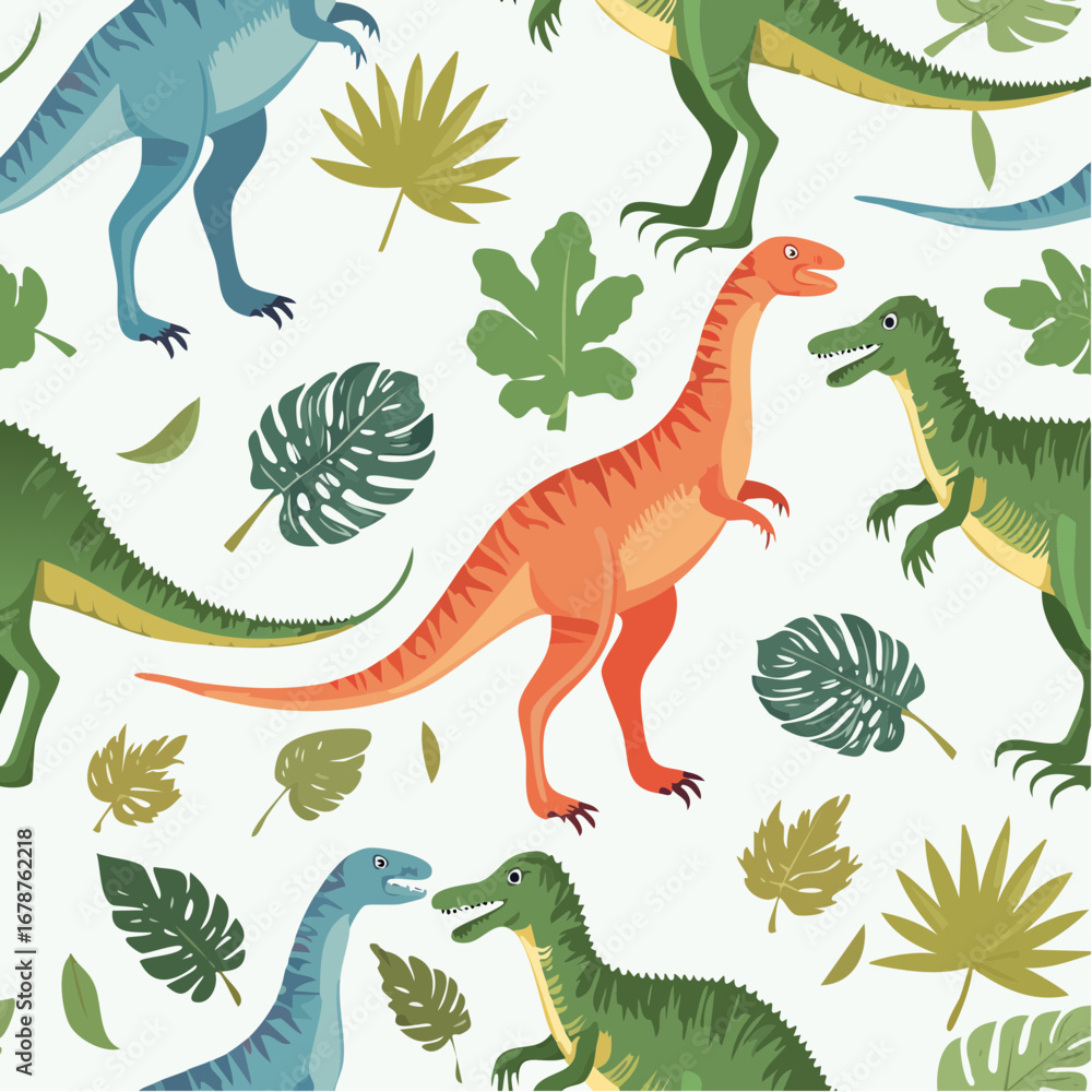 Obraz premium Dinosaur seamless pattern. Hand-drawn vector dinosaurs with background view. 