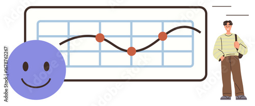 happy face and casual person near a trendline graph with four data points. Ideal for data analysis, progress tracking, business growth, emotional well-being, productivity, personal development
