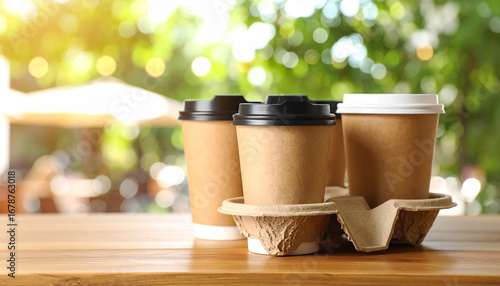 cup of takeaway coffee on wooden table