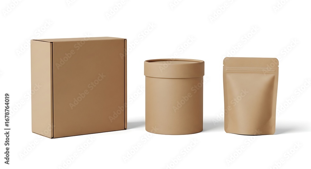 Fototapeta premium Three plain brown paper packaging containers sit isolated on a white background.