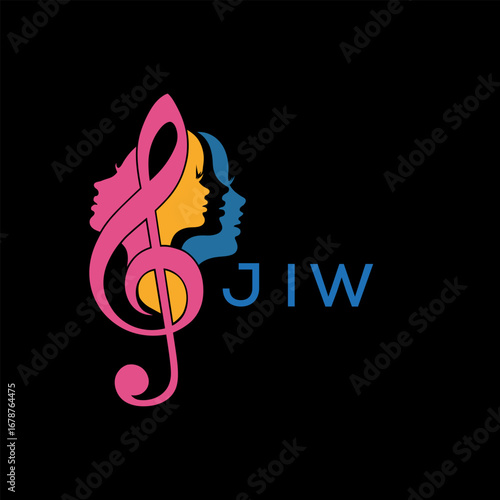 JIW "Colorful Female Silhouettes with Treble Clef Music Symbol on Black Background – JIW Later Logo, Empowerment, Diversity & Art Concept"
