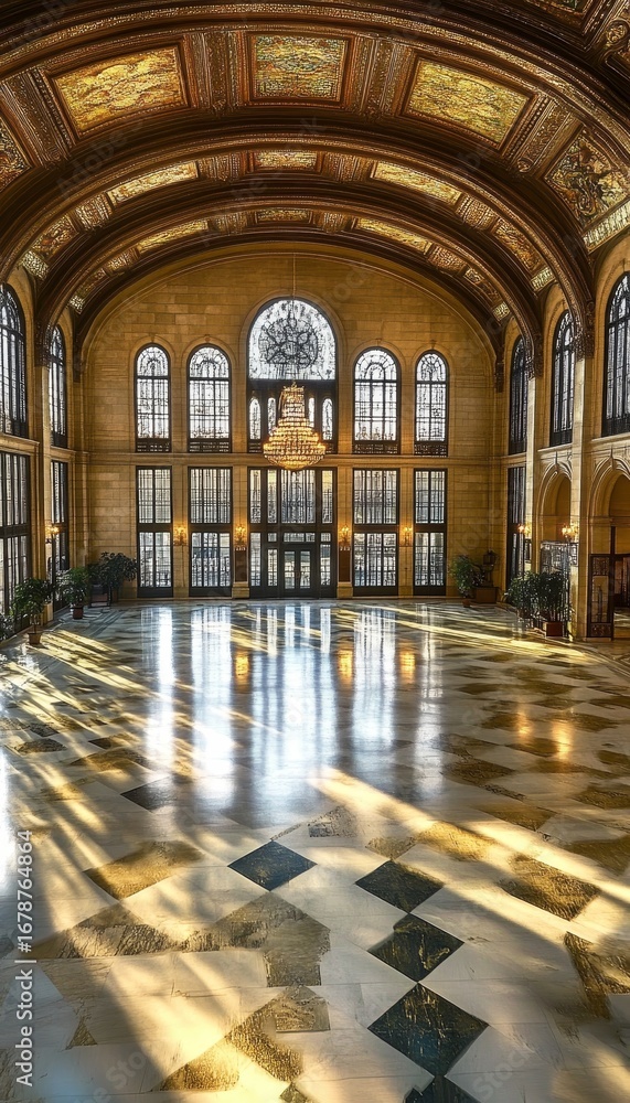 Fototapeta premium Elegant Interior of Classic Public Hall at Sunset with Marble Floor and Ornate Architectural Details