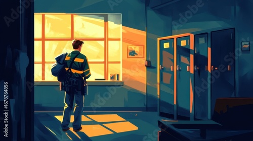 Worker in Locker Room with Warm Lighting After Shift