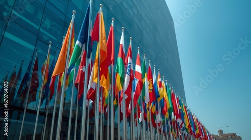 World flags waving in front of modern building representing international cooperation