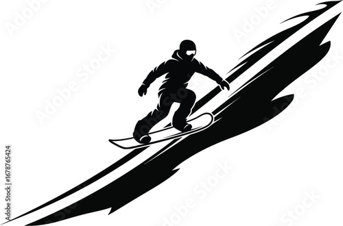 A snowboarder riding down a snowy slope, capturing thrill of winter sports and extreme adventures