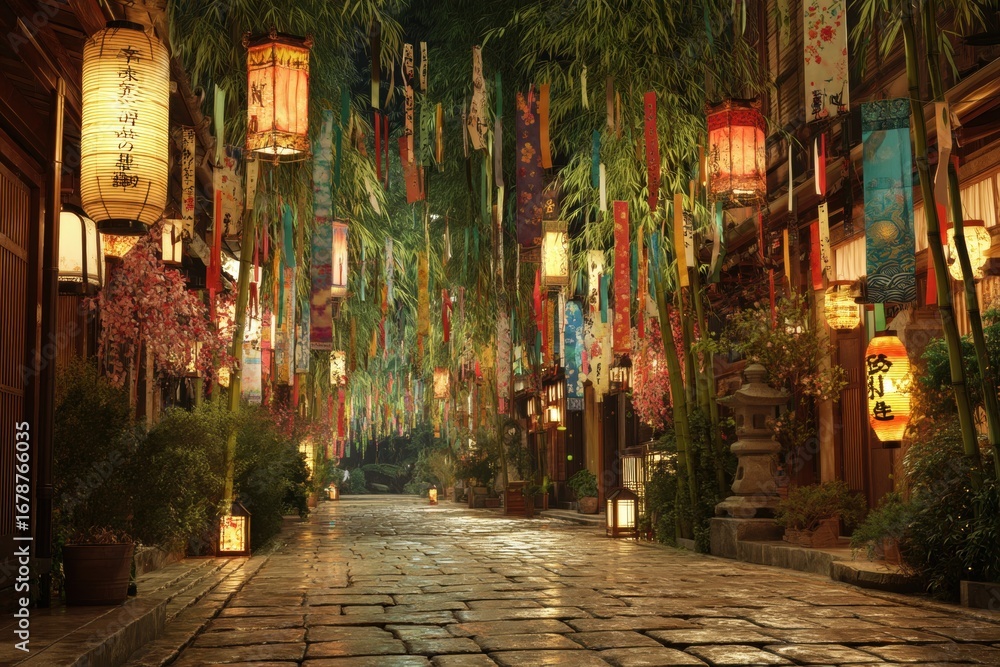 Fototapeta premium traditional Japanese street decorated with glowing Tanabata lanterns, nighttime celebration, paper streamers floating in breeze, cobbled path, bamboo archways, no people, no text.
