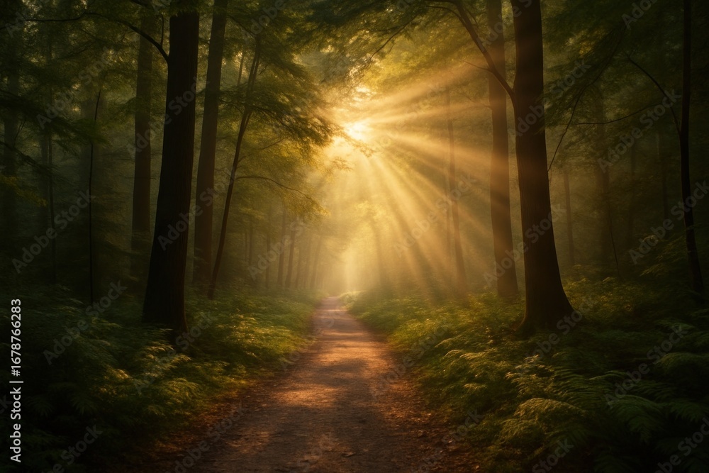 Fototapeta premium Sunlit forest path tranquility
