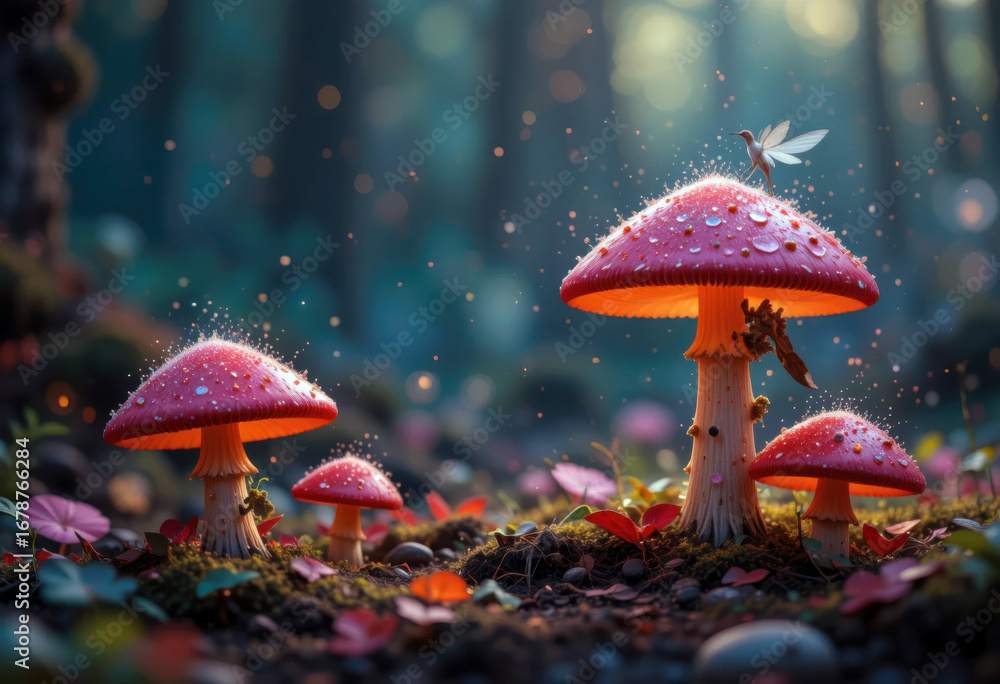 Fototapeta premium Enchanted Forest Scene with Glowing Mushrooms and Fairy Presence.