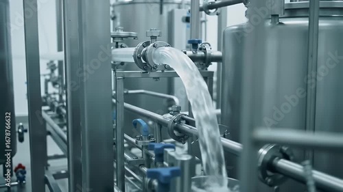 Eye Level Shot of Purified Water Flowing Through Stainless Steel Pipes Inside a Glacier Water Bottling Plant Illustrating Clean Water Production and Advanced Filtration Technology for Stock Footage