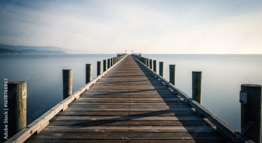 Fototapeta premium Wooden pier stretches into still ocean under bright sky, distant hills