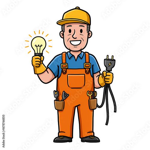 Cartoon Male Electrician Holding Light Bulb and Power Cord in Work Uniform
