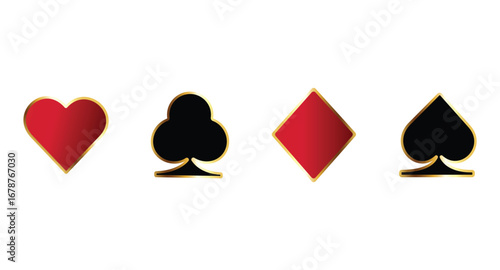 Card suit red and black icons vector, clubs diamonds hearts spades icons. Casino Poker and gambling graphic elements.