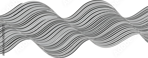 Abstract grayscale artwork featuring undulating lines and a flowing, wave-like pattern.