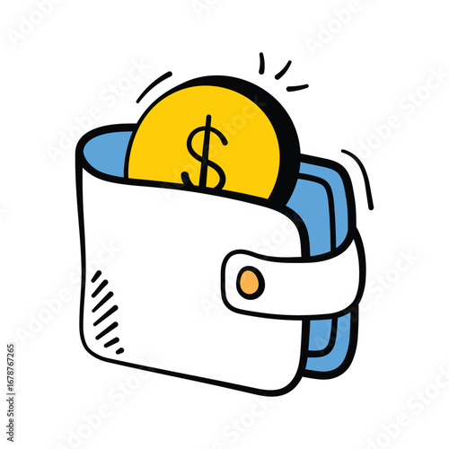Wallet with coin icon for payments, finance, savings,