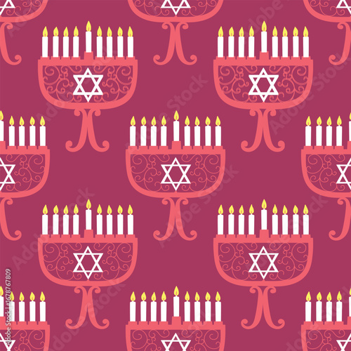 Hanukkah seamless pattern with menorahs. Perfect for wrapping paper, greeting cards, wallpaper. Jewish holidays.