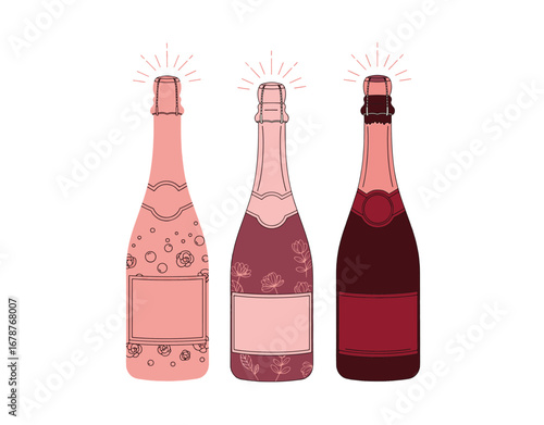 Outline of rose sparkling wine bottles with text space. Flat and line vector illustrations. Concept of champagne for celebrations.

