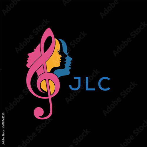 JLC "Colorful Female Silhouettes with Treble Clef Music Symbol on Black Background – JLC Later Logo, Empowerment, Diversity & Art Concept"
