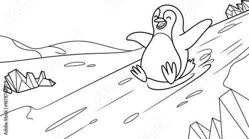 Cute penguin sliding down an icy slope for coloring book pages