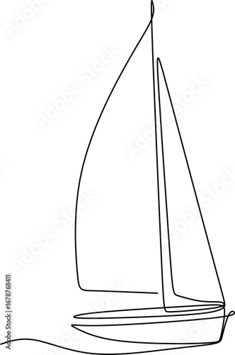 Linear abstract drawing of a beautiful sailboat drawn in one line