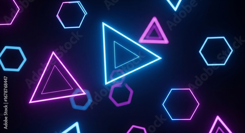 A collection of glowing neon geometric shapes including triangles, hexagons, and squares floating in a dark, abstract space