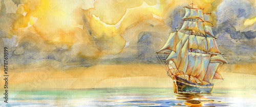 Watercolor sailing ship at sea against a dramatic sunset sky with colorful clouds