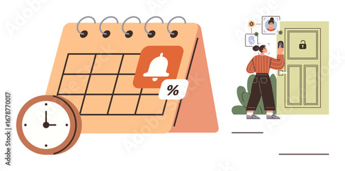 Calendar with notification, clock symbolizing time management. Woman at digital lock accessing door. Ideal for scheduling, appointments, deadlines, security, smart technology, organization privacy