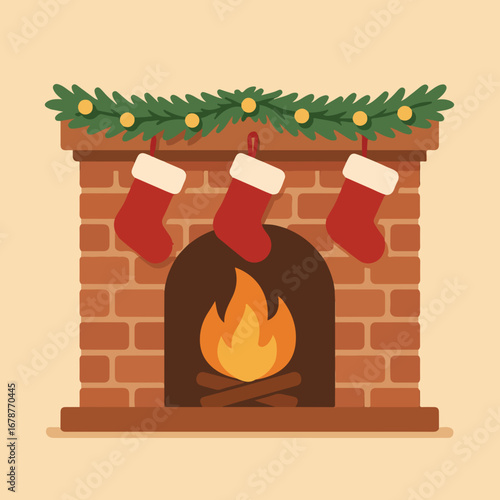 Cozy Fireplace Decorated for Christmas with Stockings and Festive Garland