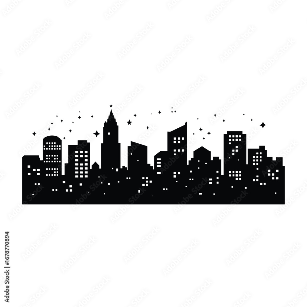 Fototapeta premium Black silhouette of a city skyline with scattered lights