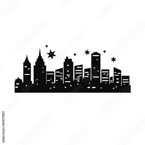 Silhouette of a city skyline with stars at night