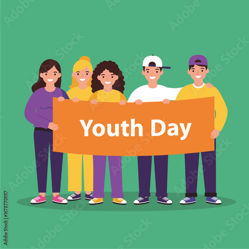Diverse Group of Smiling Young People Holding a "Youth Day" Banner