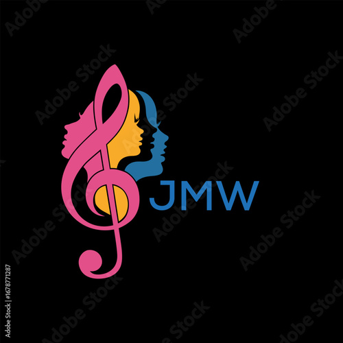 JMW "Colorful Female Silhouettes with Treble Clef Music Symbol on Black Background – JMW Later Logo, Empowerment, Diversity & Art Concept"
