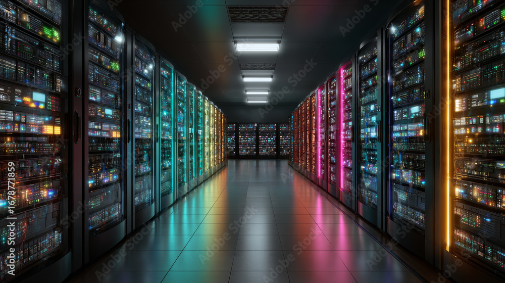 Fototapeta premium Futuristic server room at data center with technology and advanced networking equipment. long corridor aisle glows with colorful light from racks creating powerful mood