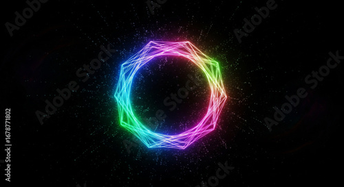 A vibrant, multi-colored hexagon glowing with a full spectrum of neon light, creating a dynamic abstract portal or gateway
