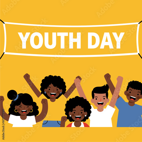 Celebratory Youth Day Illustration: Diverse Group of Happy Young People