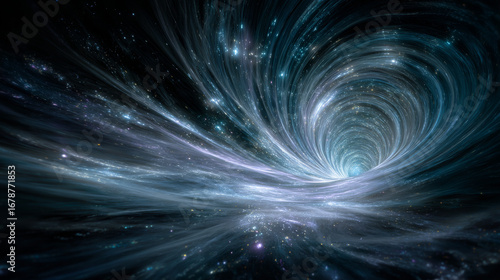 Awe inspiring view of swirling space vortex tunnel. This abstract background shows light and stars pulling into mysterious universe, concept for wormhole journey