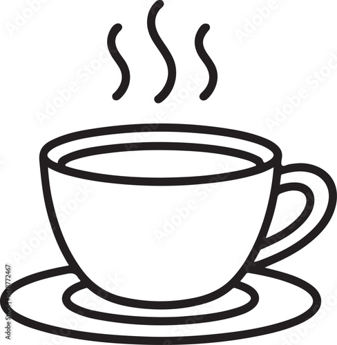 Simple line drawing of a steaming cup of hot beverage on a saucer