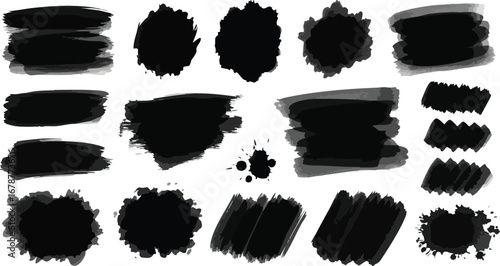 A collection of various black ink brush strokes and splatters on a white background, creating abstract shapes and textures.