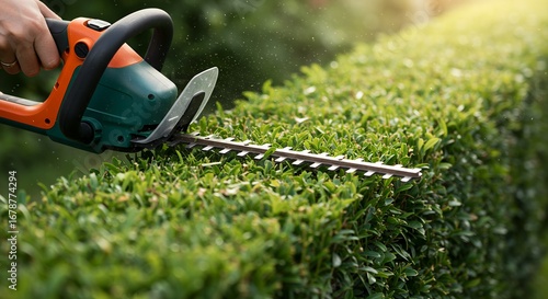 Wallpaper Mural Close-up of a gardener's hand using an electric hedge trimmer to shape a lush green boxwood hedge. Torontodigital.ca