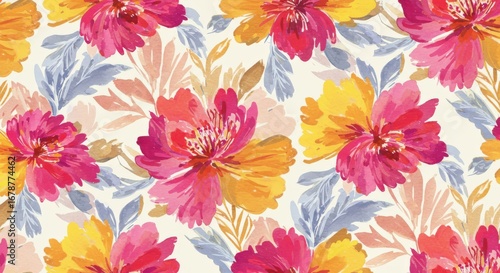 Watercolor Floral Pattern: Bright Flowers and Leaves.