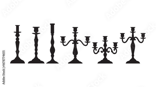 Collection of black silhouettes featuring various candlestick designs without candles, vector illustration, original artwork