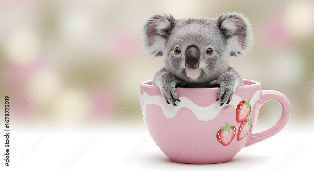 Obraz premium Adorable Baby Koala Peeking from a Pink Strawberry Teacup, Cute Animal Portrait