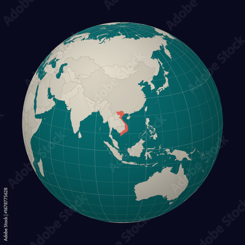 Vietnam on the map. Globe centered to Vietnam. Country location on the world map. Teal Pale Mint color palette. Globe with countries, meridians and parallels. Trending vector illustration.