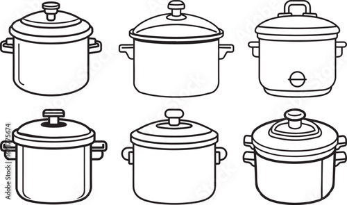 set of rice cookers line art, coloring book page line art drawing, vector and illustration