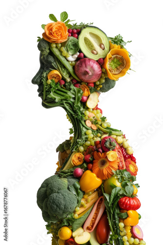 Figure of a girl made from vegetables and fruits, promotion of healthy eating, Generative AI.