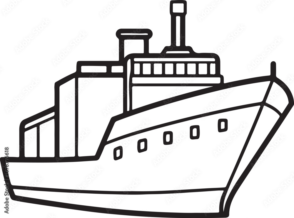 Fototapeta premium cargo ship line art, coloring book page line art drawing, vector and illustration