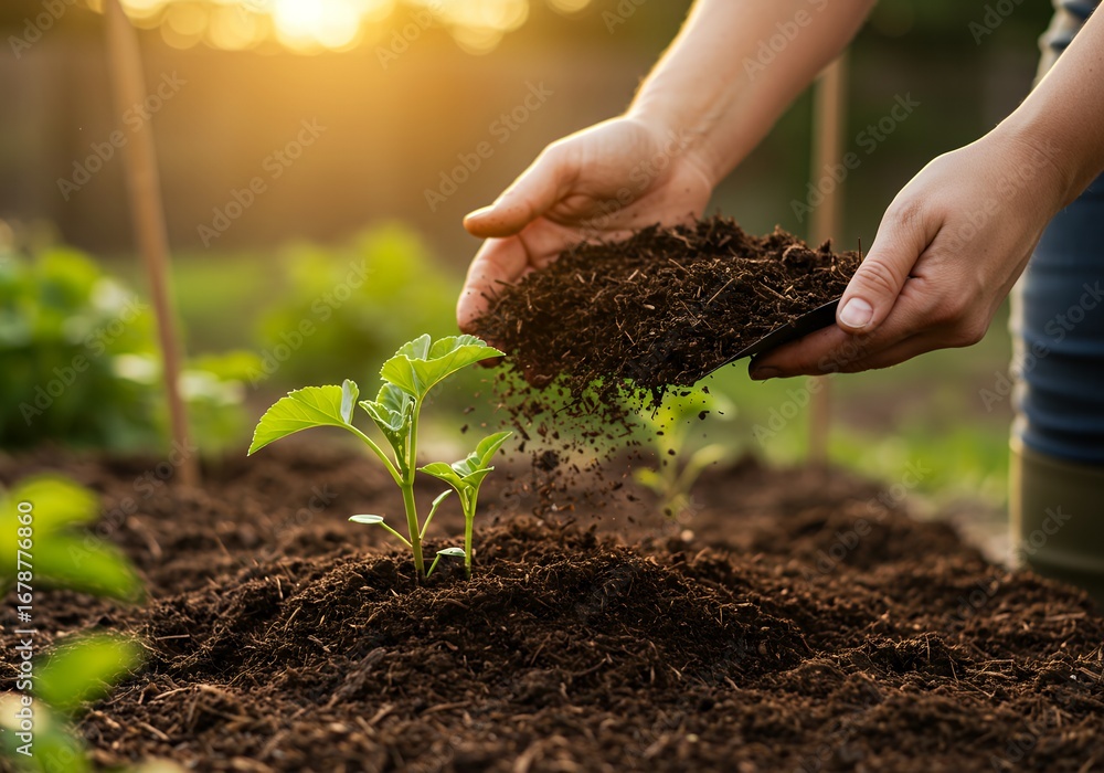 custom made wallpaper toronto digitalA person's hands carefully adding nutrient-rich soil to a young plant in a garden at sunset.