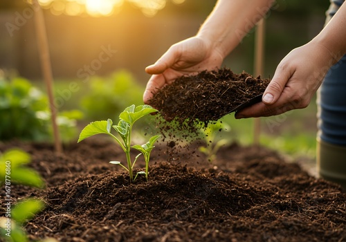 Wallpaper Mural A person's hands carefully adding nutrient-rich soil to a young plant in a garden at sunset. Torontodigital.ca