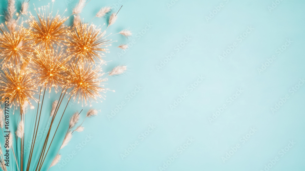 Obraz premium Golden sparkler fireworks on blue background with festive celebratory atmosphere